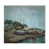 Table "Village and boats by the sea" Marine Bretagne signed 1948