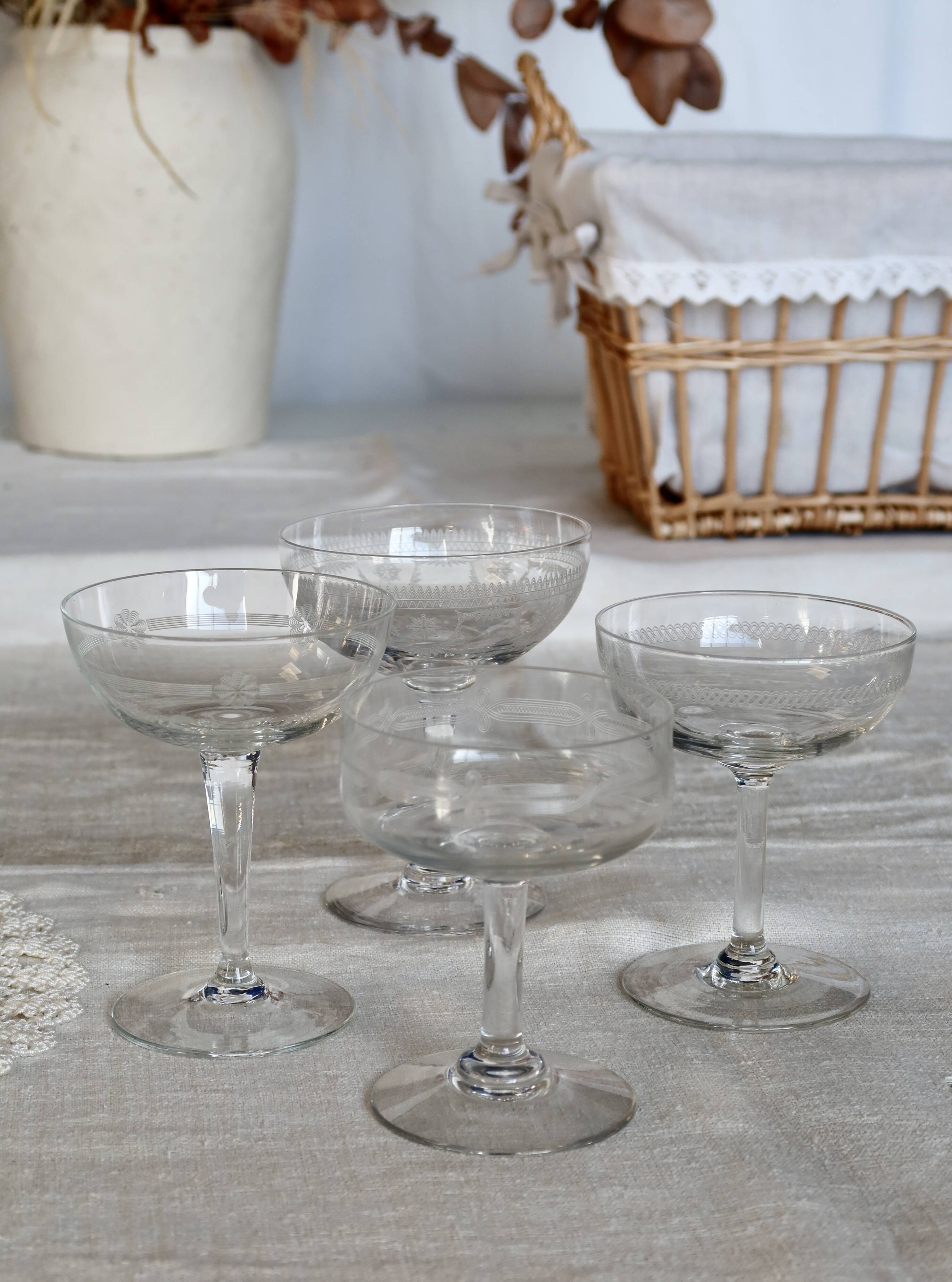 Mismatched vintage cut crystal champagne glasses