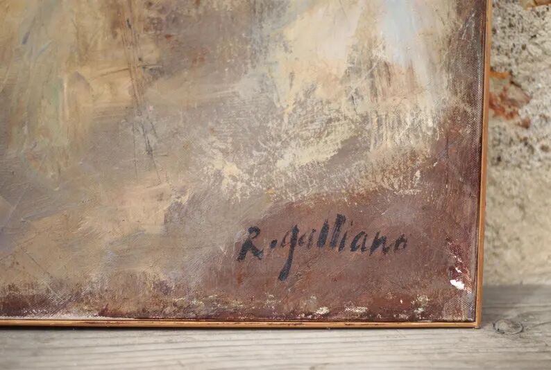 Oil on canvas signed Raymond Galliano, abstract composition, large wall painting, interior decoration.