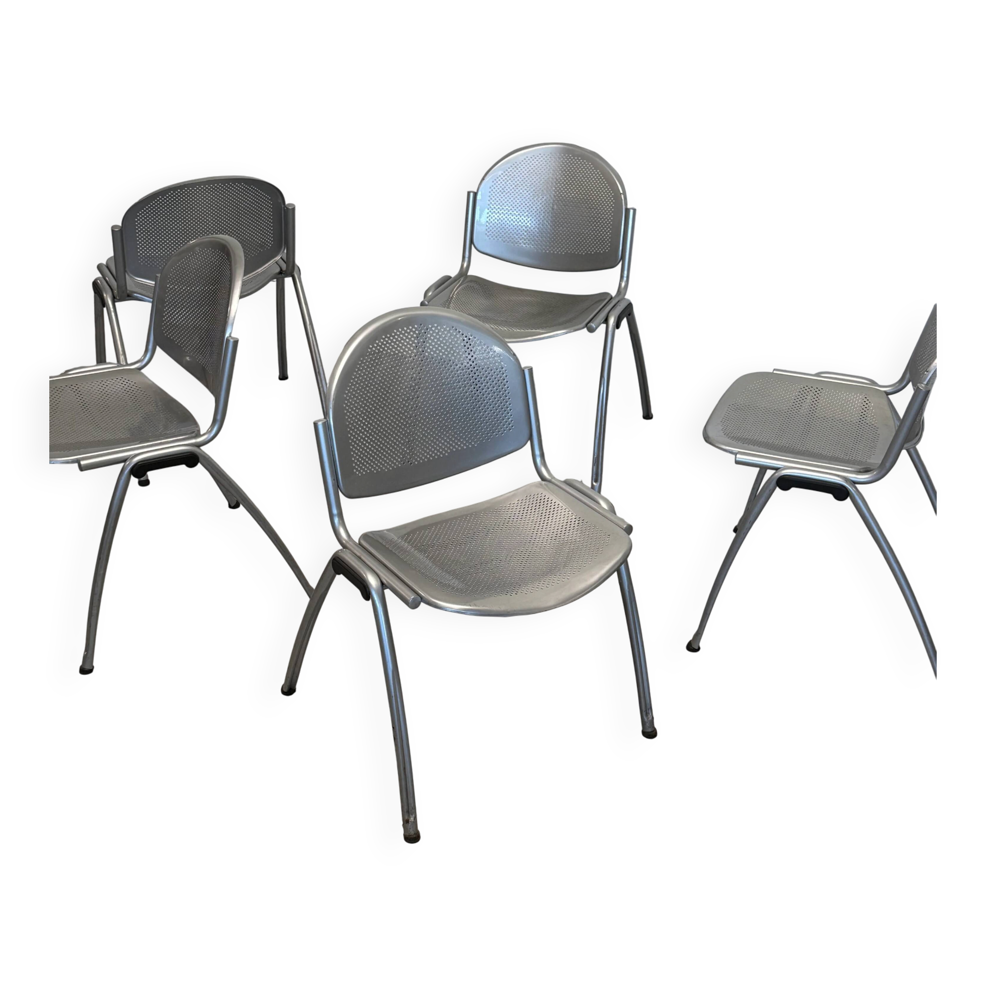 Vintage Sokoa stackable chairs, brutalist perforated metal chairs.