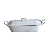 Enamelled salmon luc & cie complete with lid and drainer.