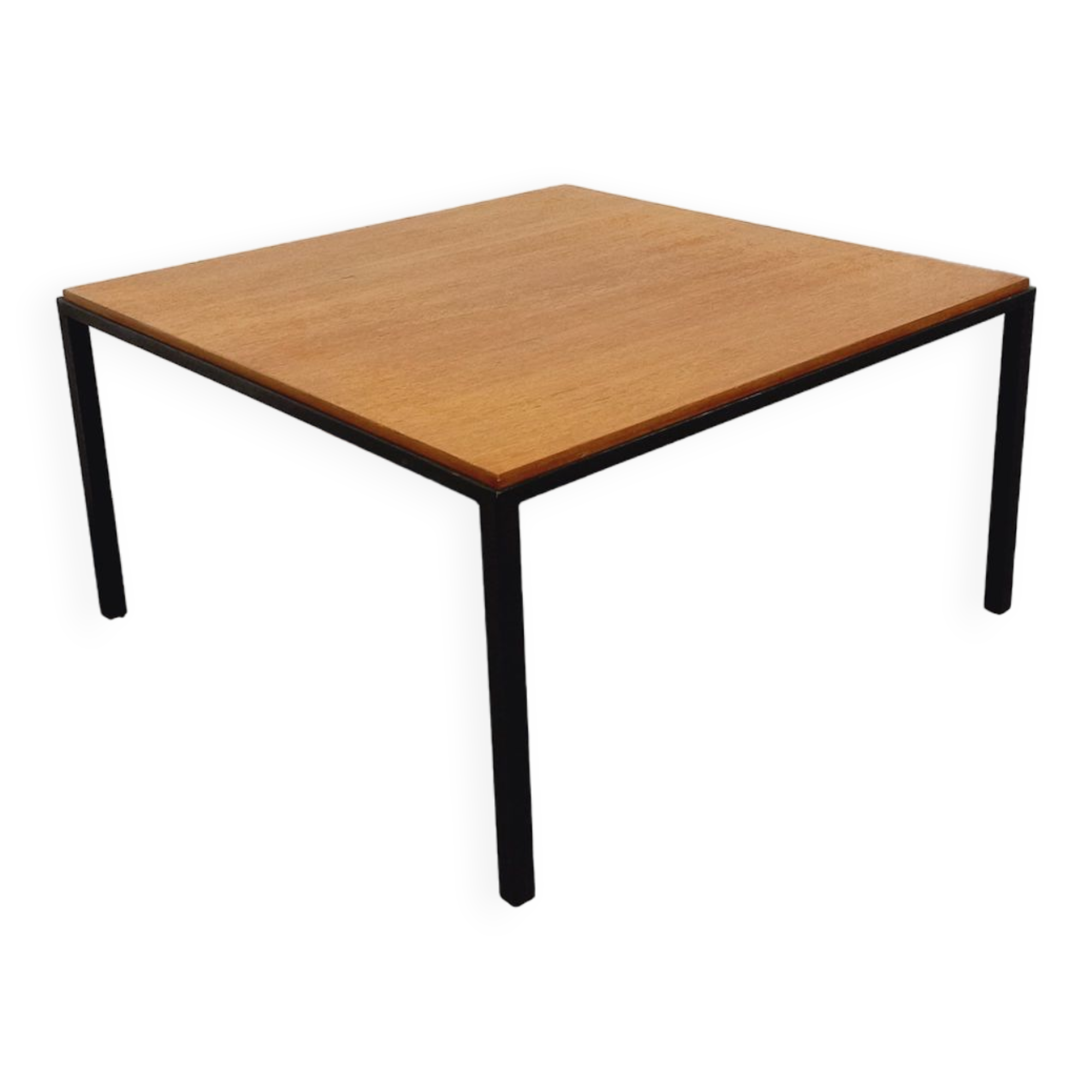 Table basse carrée moderniste vintage en teck et métal noir des années 60
