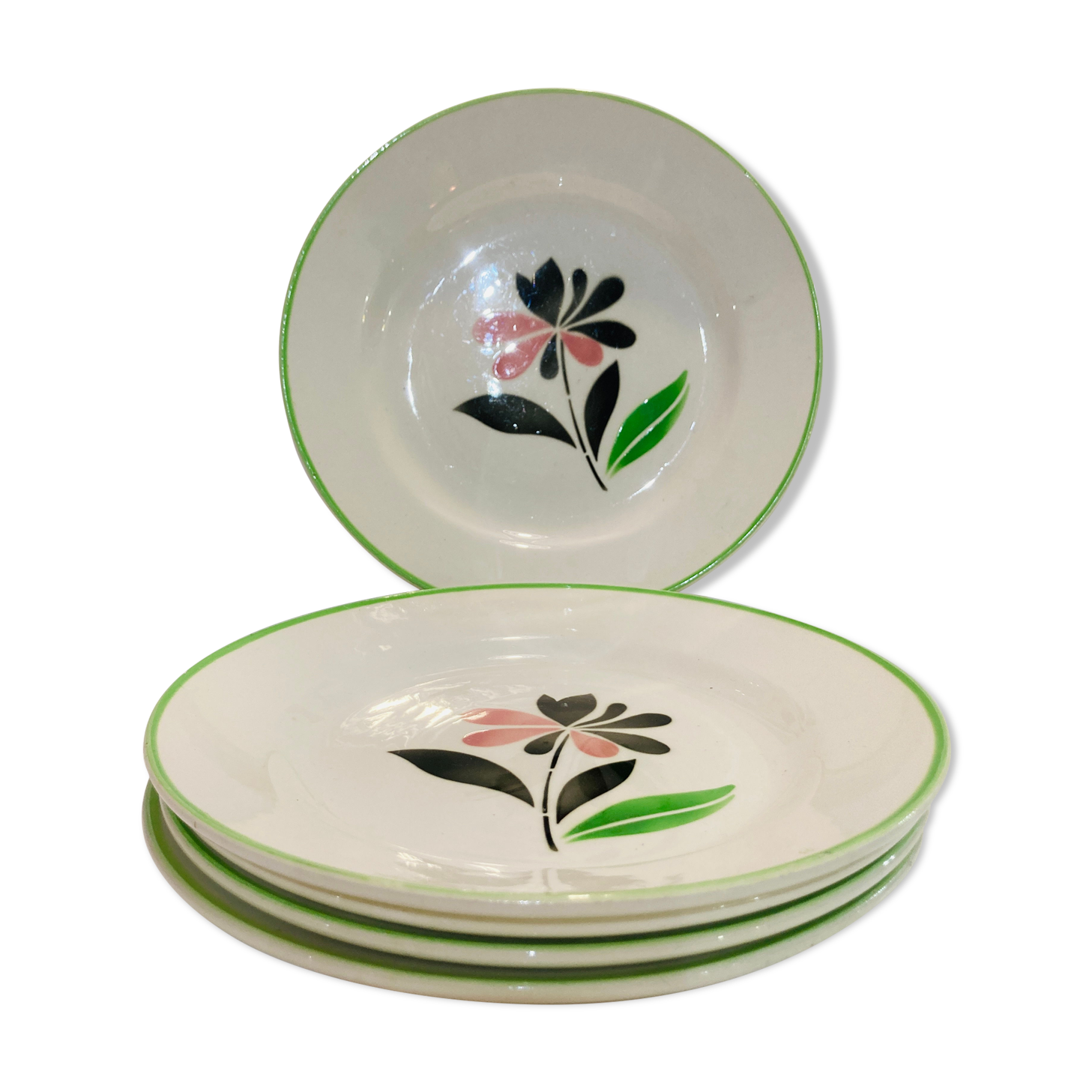 X5 small plates floral pattern glass Digoin sarreguemines Rustic -France -retro-vintage