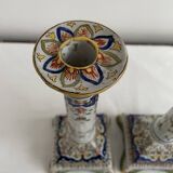Candlesticks, square base, 19th century, Fourmaintraux, Desvres, flower decoration, scrolls, lambrequins, trellis