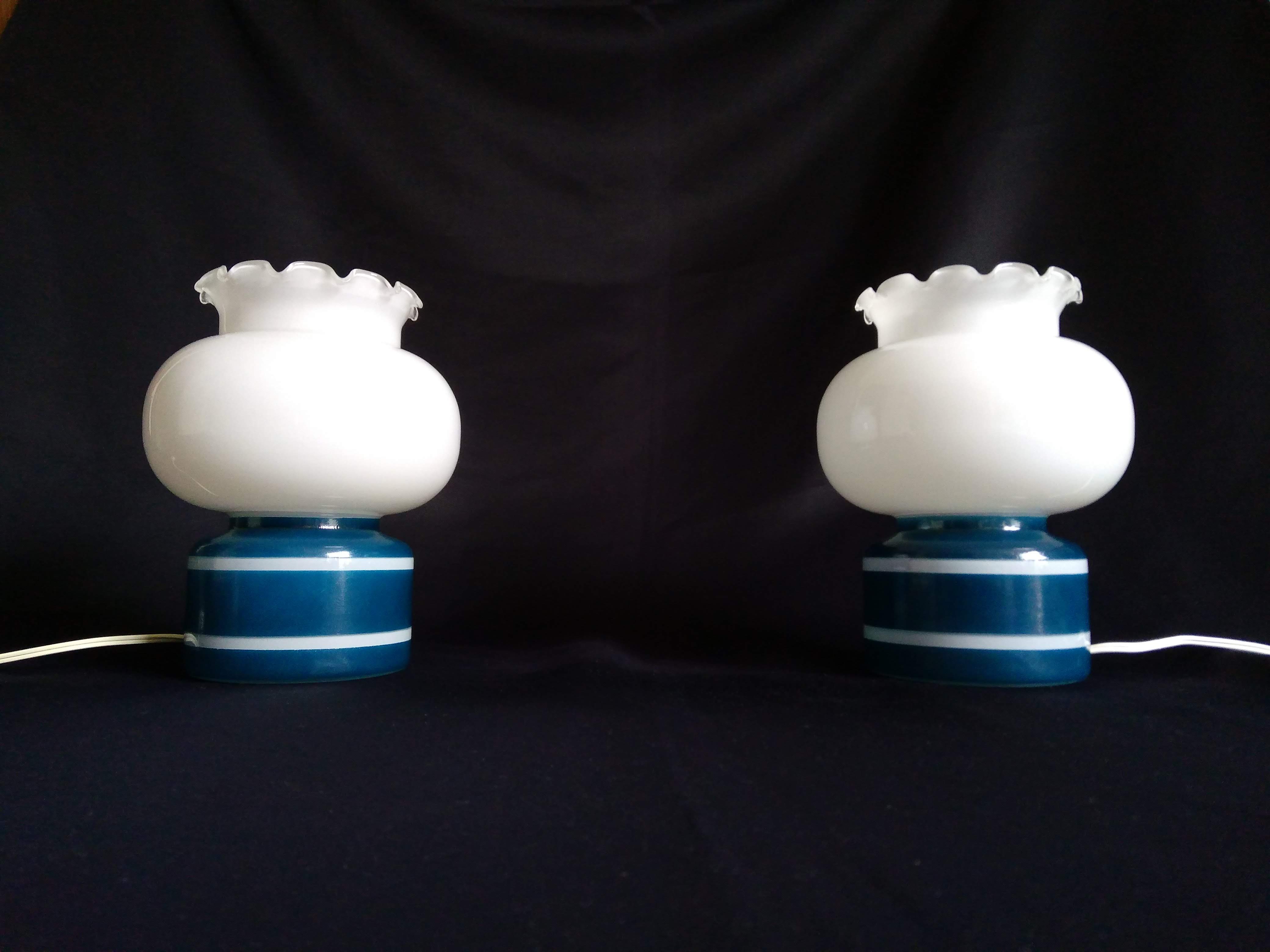Pair of duck blue and white opaline lamps
