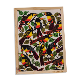 Otomi Parrot Art, Hand embroidered art, Embroidered bird art, Framed fibre art, Embroidery Wall Art