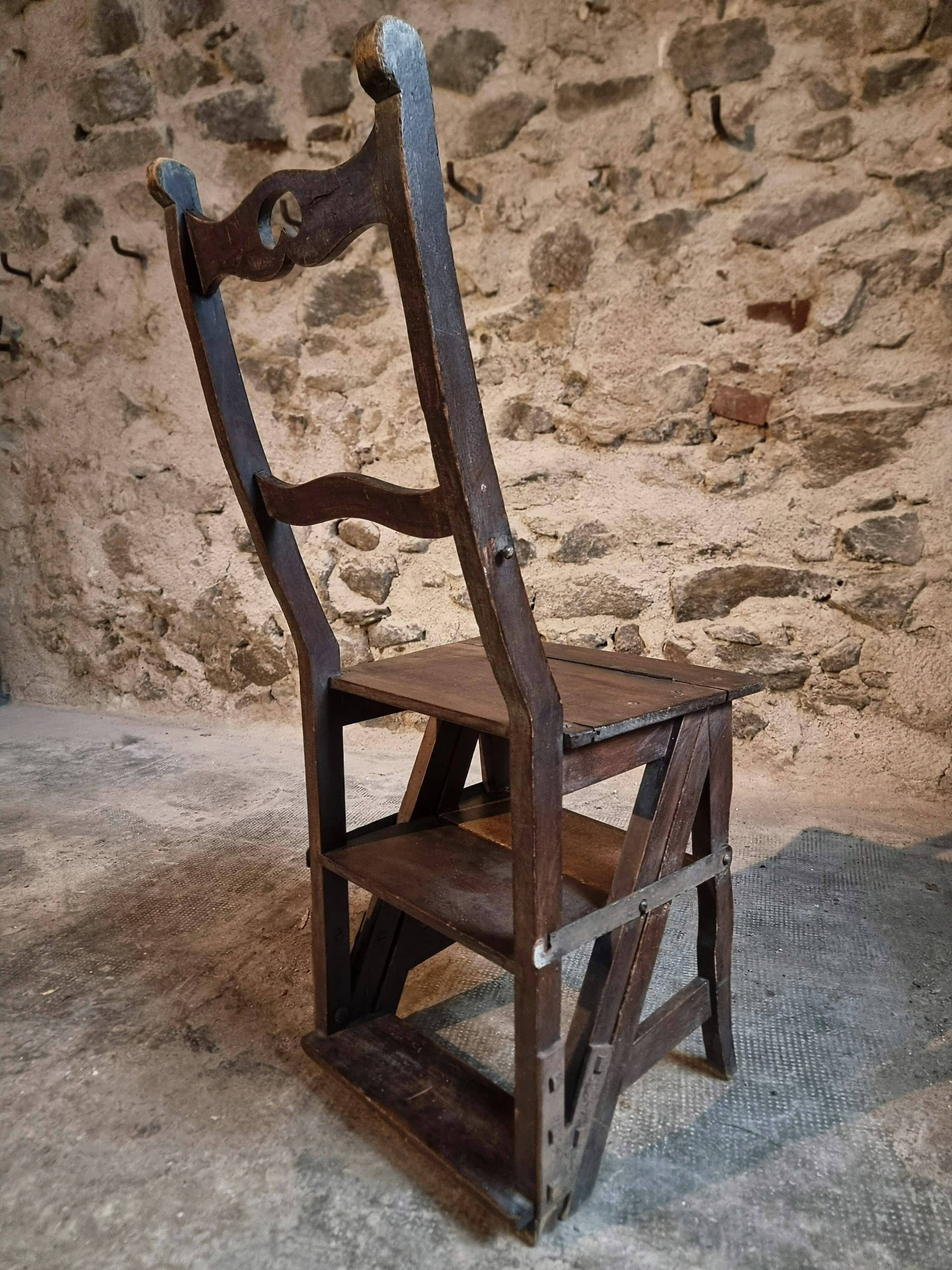 Chaise escabeau de bibliothèque ancienne – Chaise métamorphique en hêtre, France, début 1900