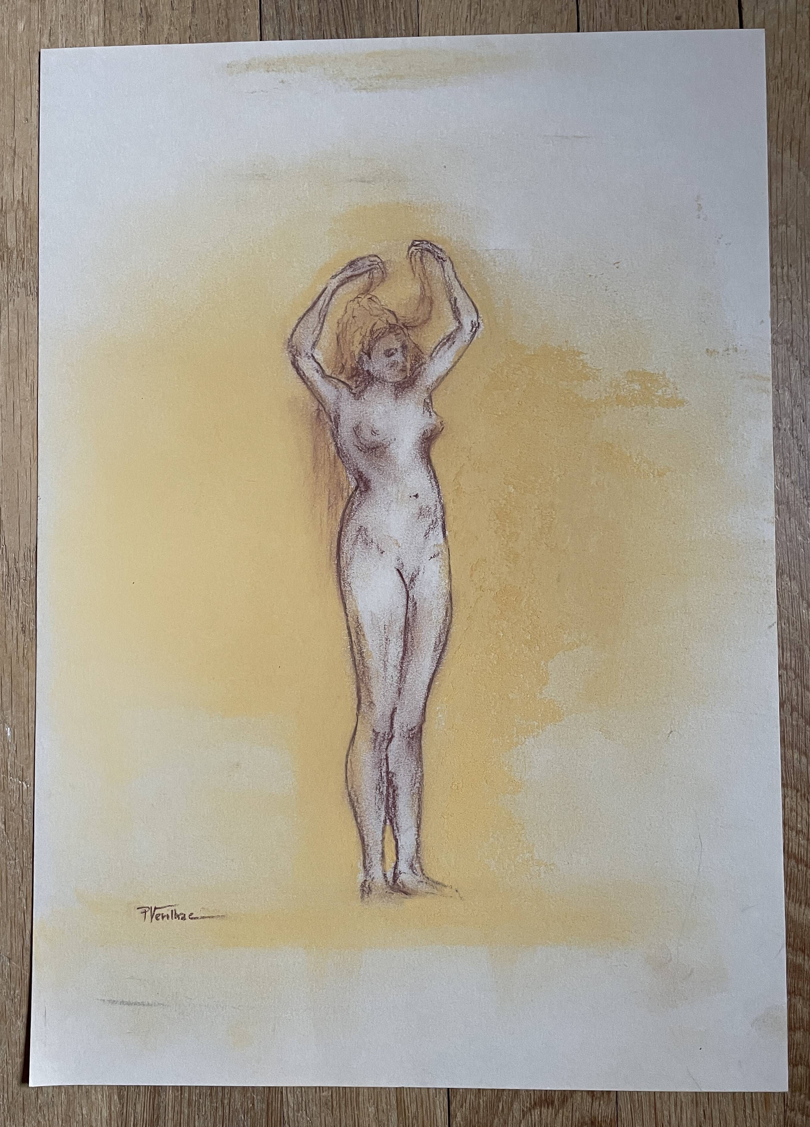 Signed sanguine pastel painting of a female portrait "the hairstyle"