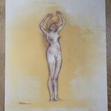 Tableau signé sanguine pastel portait féminin « la coiffure »