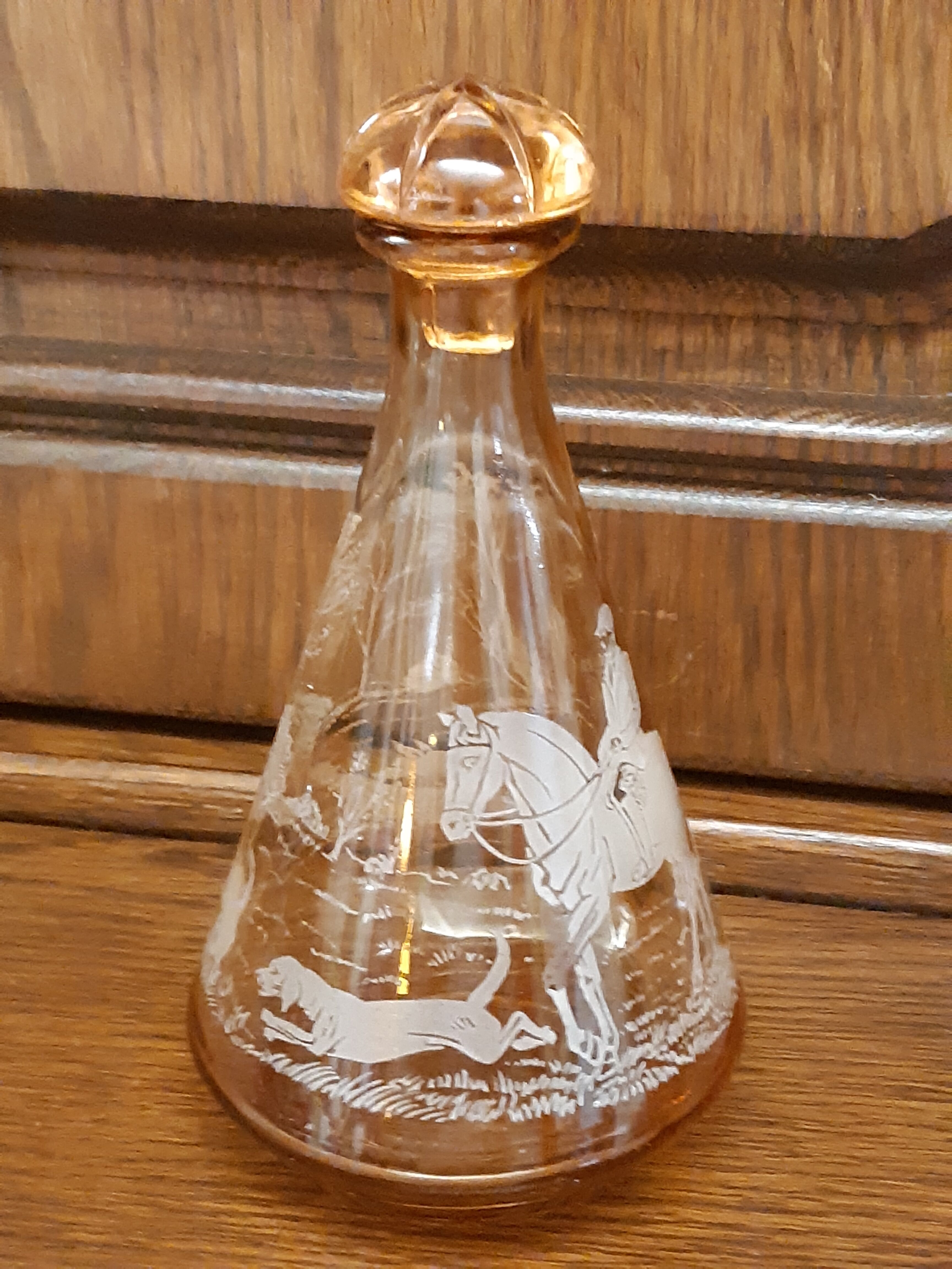 Moulded blown glass decanter with equestrian fox hunting décor, belle époque