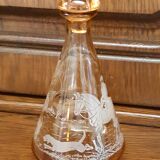 Moulded blown glass decanter with equestrian fox hunting décor, belle époque