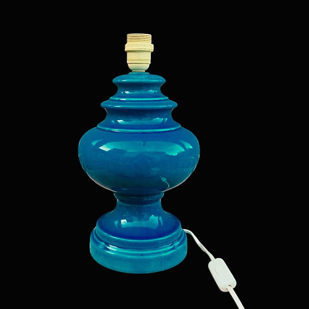 Antique large lamp base in duck blue glazed ceramic