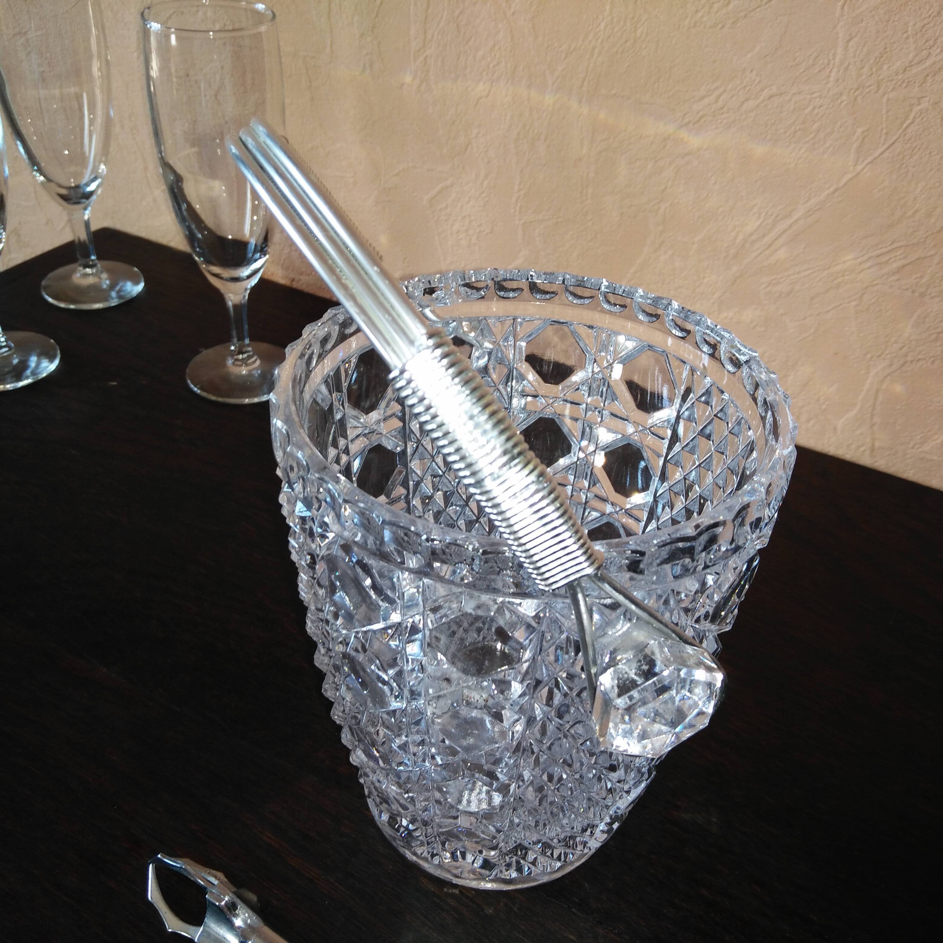 Diamond cut crystal ice bucket with ice tongs