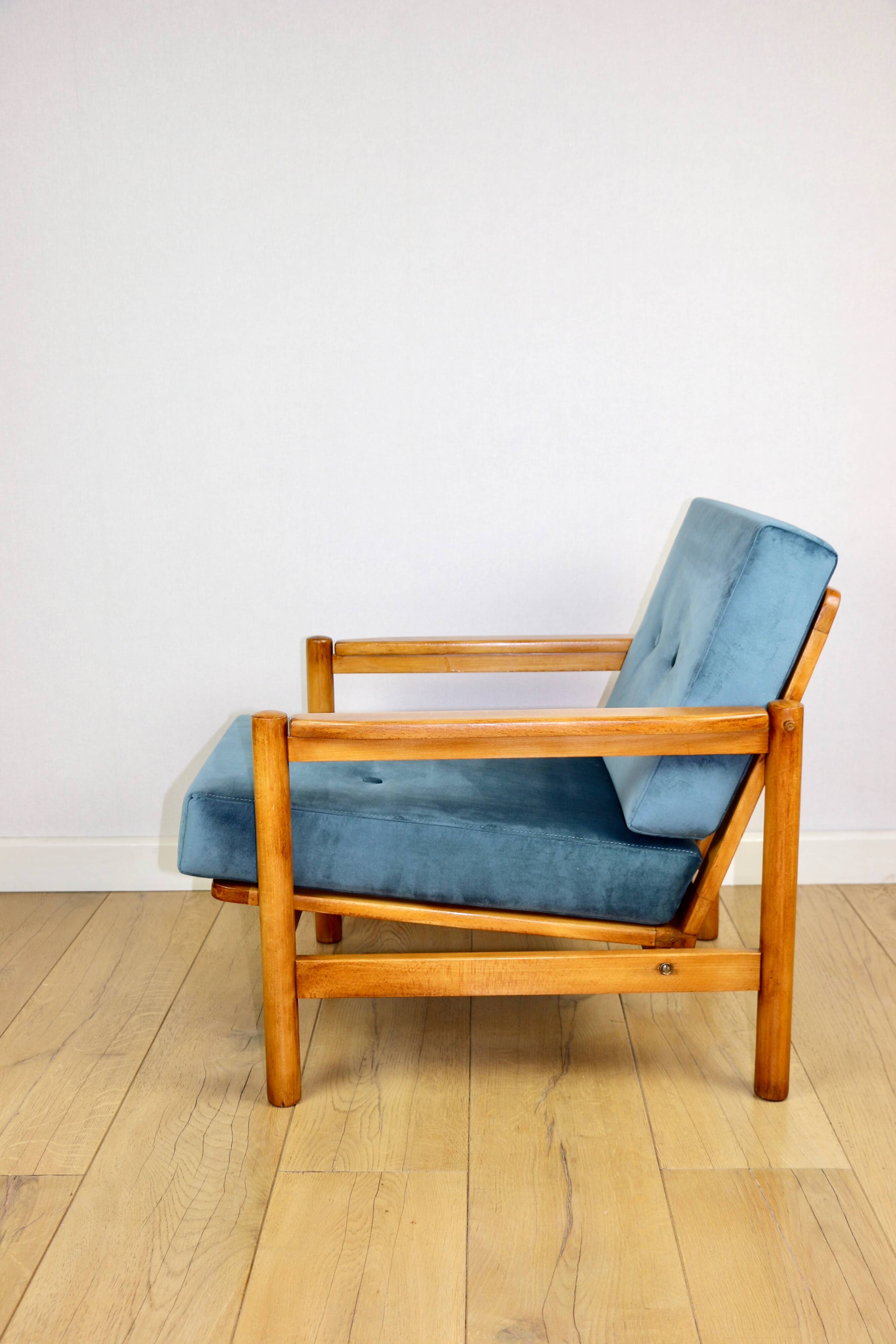 Wooden vintage armchair brown sea blue design by Z. Bączyk - light wood