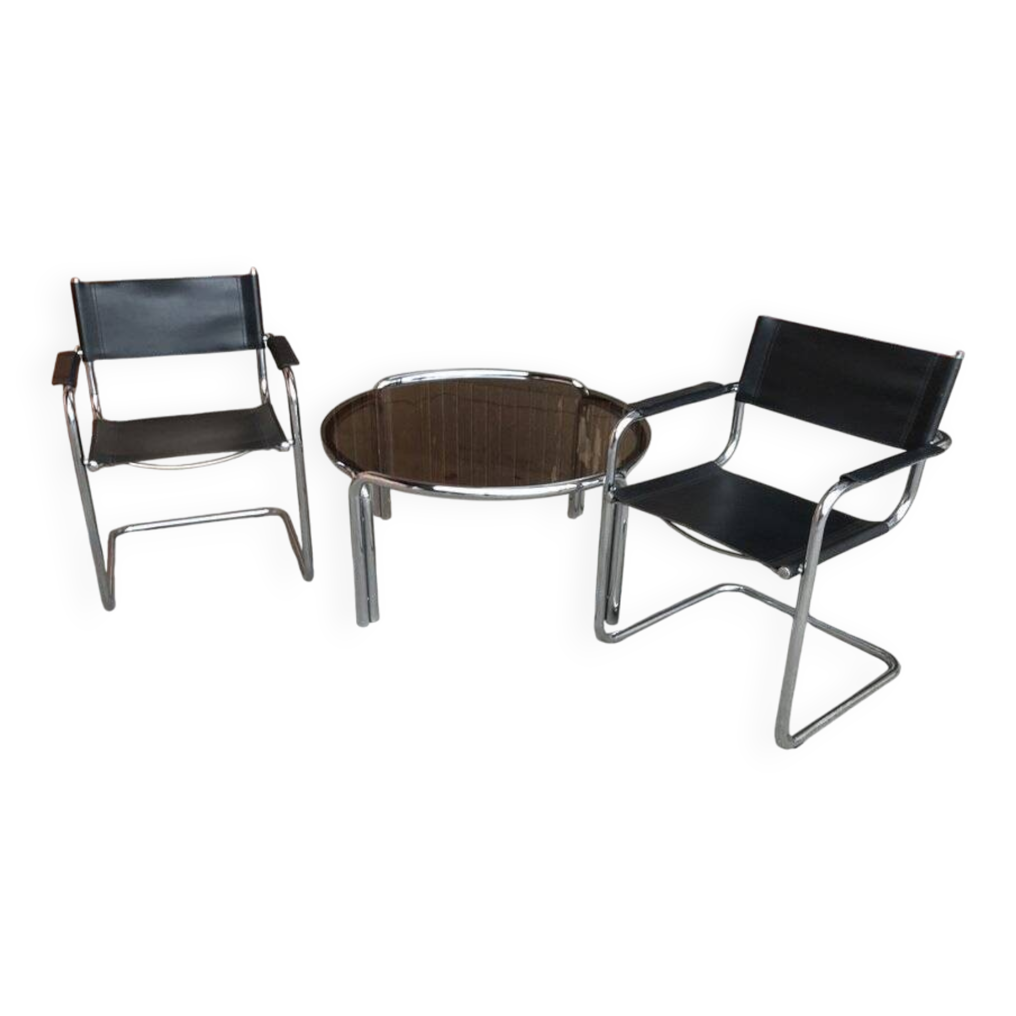 Mid-century round coffee table in chrome and smoked glass with 2 black leather chairs.