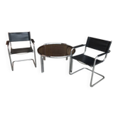 Table basse ronde mid-century en chrome et verre fumé avec 2 chaises cuir noir