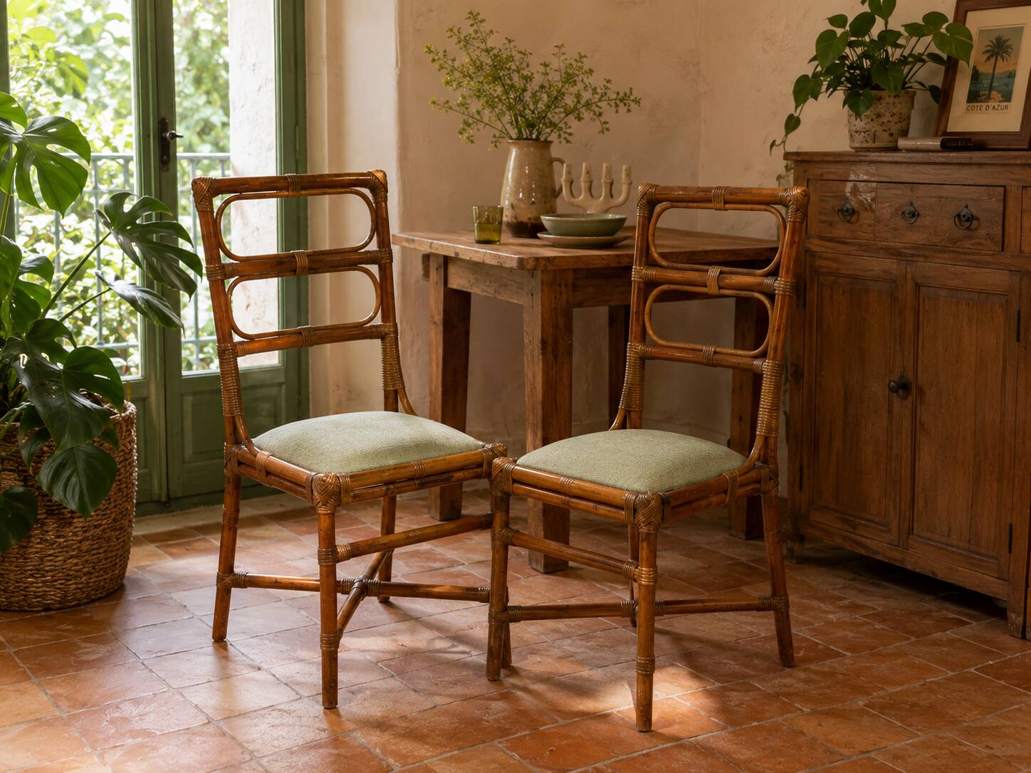 Pair of vintage rattan and bamboo chairs – Riviera spirit, 1970s