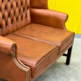 English Georgian Style Tufted Leather Chesterfield Wingback Two Seater Sofa