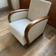 Set of 2 Hungarian Art Deco armchairs from the 1930s — brown wood, cream and beige fabric.