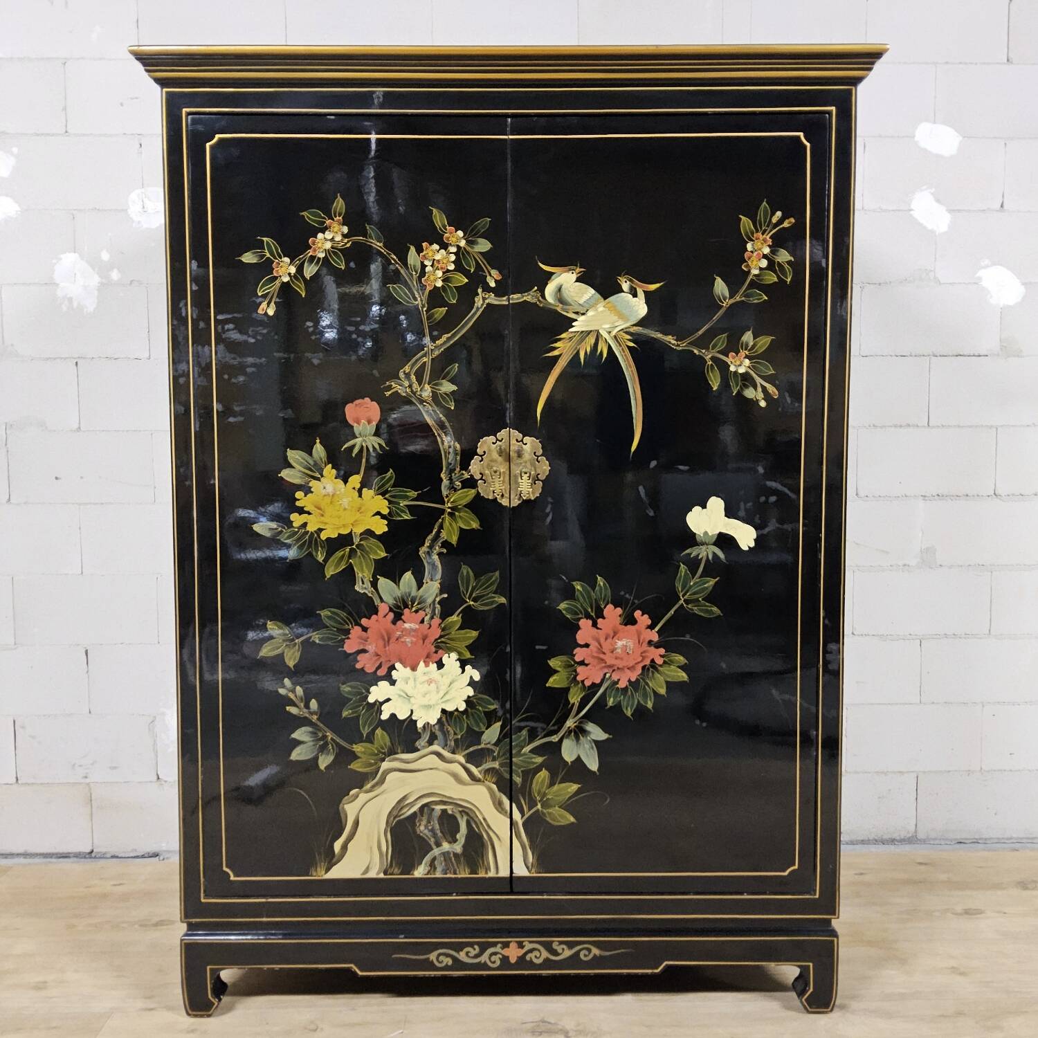 Vintage Chinese black lacquer cabinet with birds and flowers bohemian