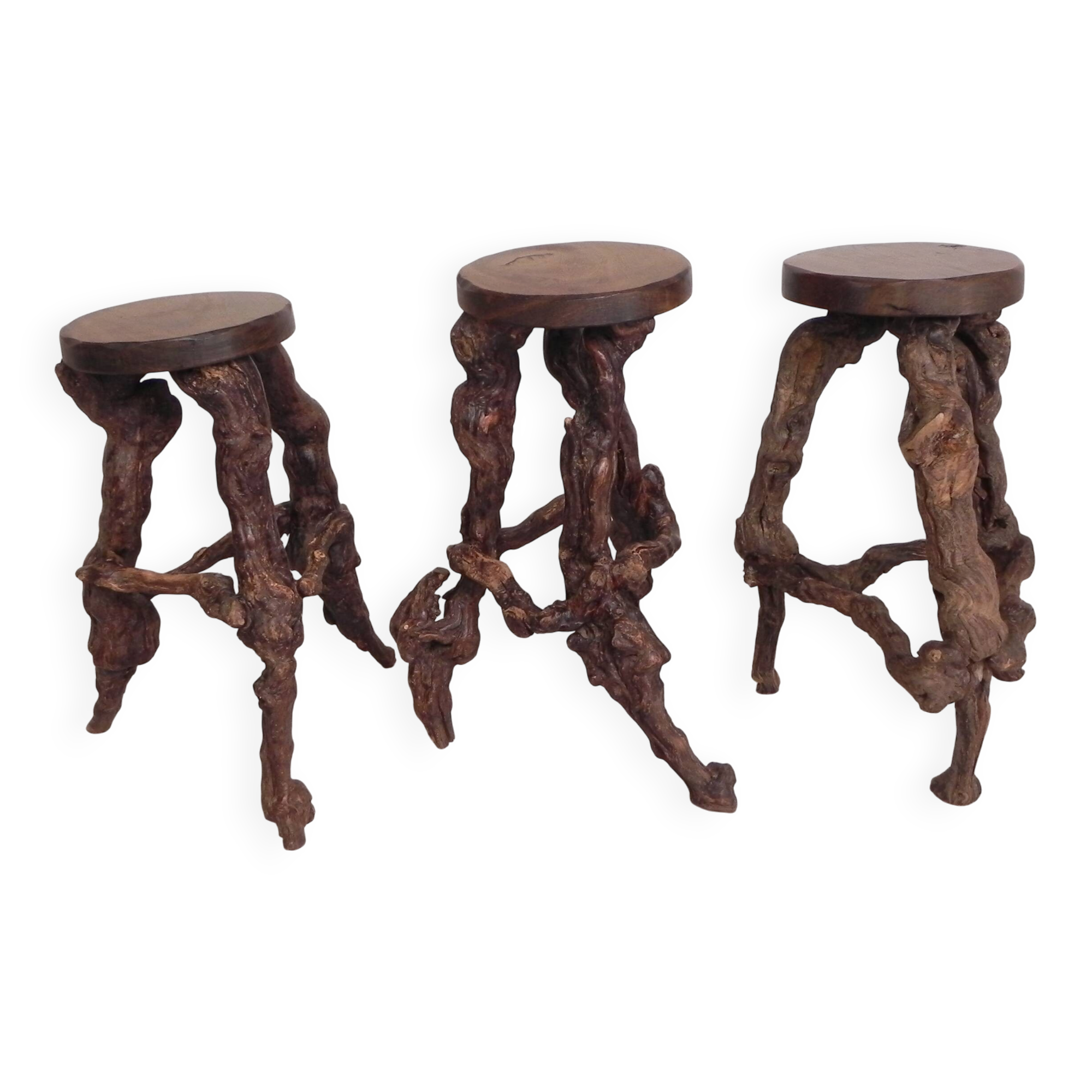 Set of 3 vintage wooden vine bar stools, 1960s