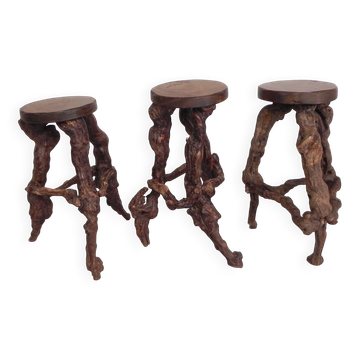 Ensemble de 3 tabourets de bar vintage en bois de vigne, années 1960