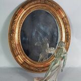 Antique oval mirror with original stucco and gilt wood frame, 37x31 cm. Beautiful patina.