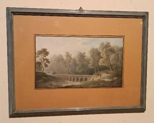 Old watercolour on paper from the early 19th century – landscape with aqueduct and bridge.