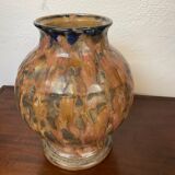 Vase en gres ceramique signé renault argent gres emaille polychrome