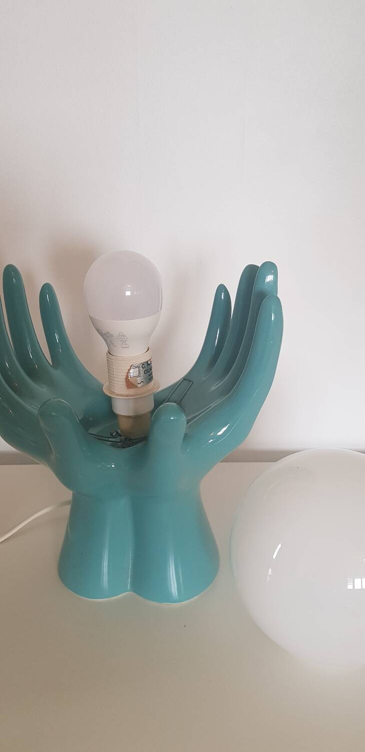 Ceramic and opaline lamp forming two hands, 1970s