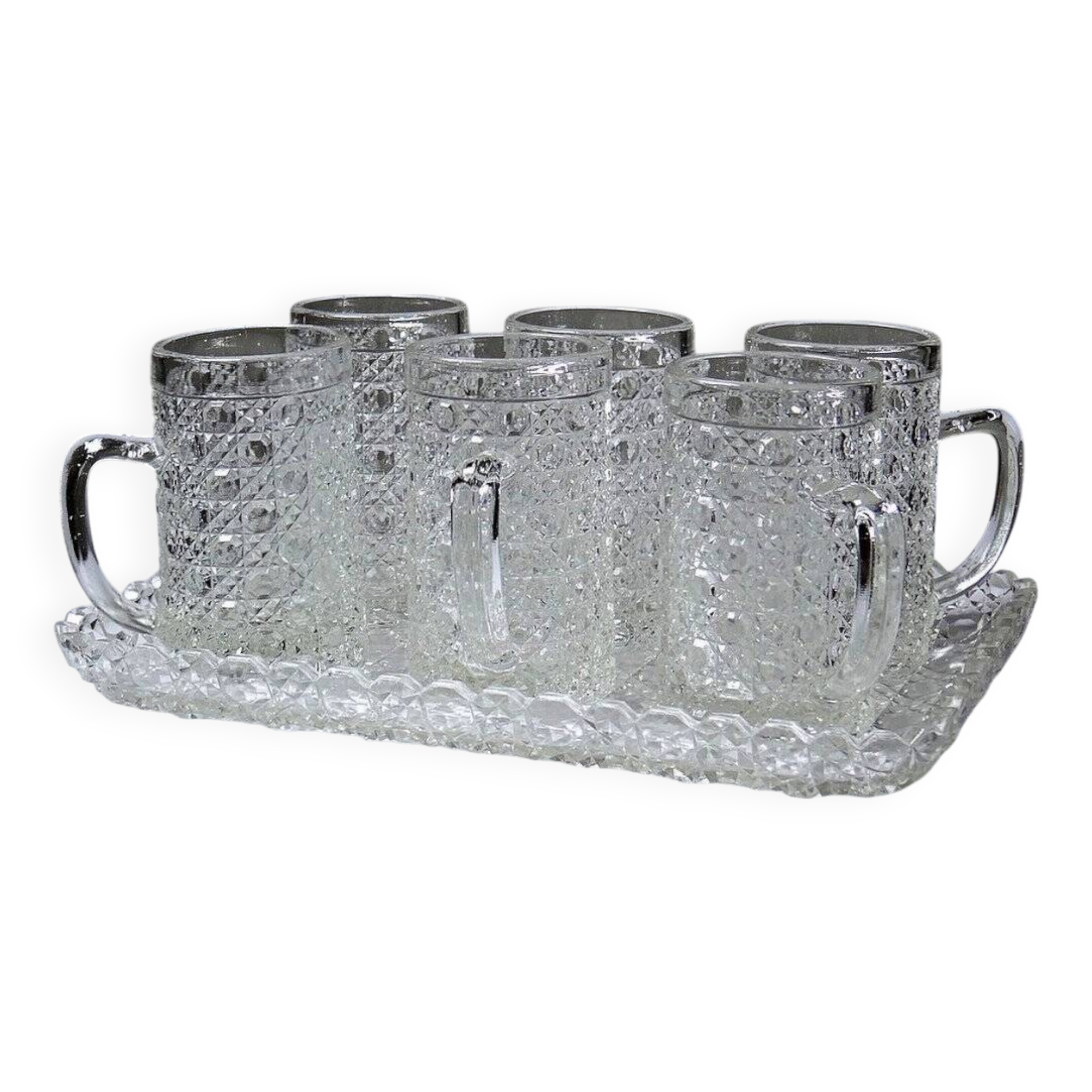 6 small vintage/antique pressed glass mugs and tray, art deco style