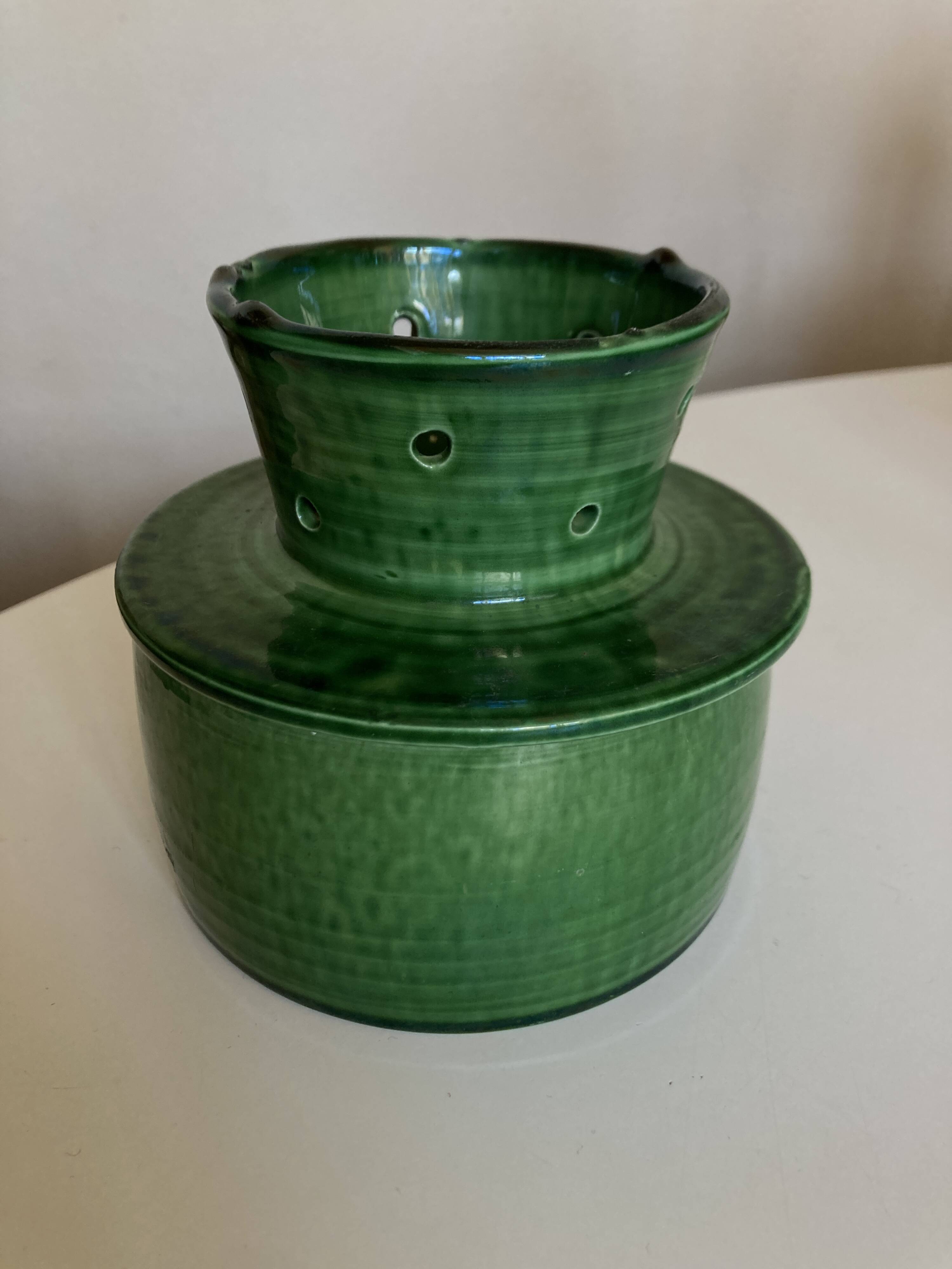 Glazed green earthenware butter dish Foucart Jourdan 1960