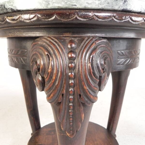 Table d'appoint ronde ancienne en acajou avec plateau en marbre vert veiné, début du 20ème siècle