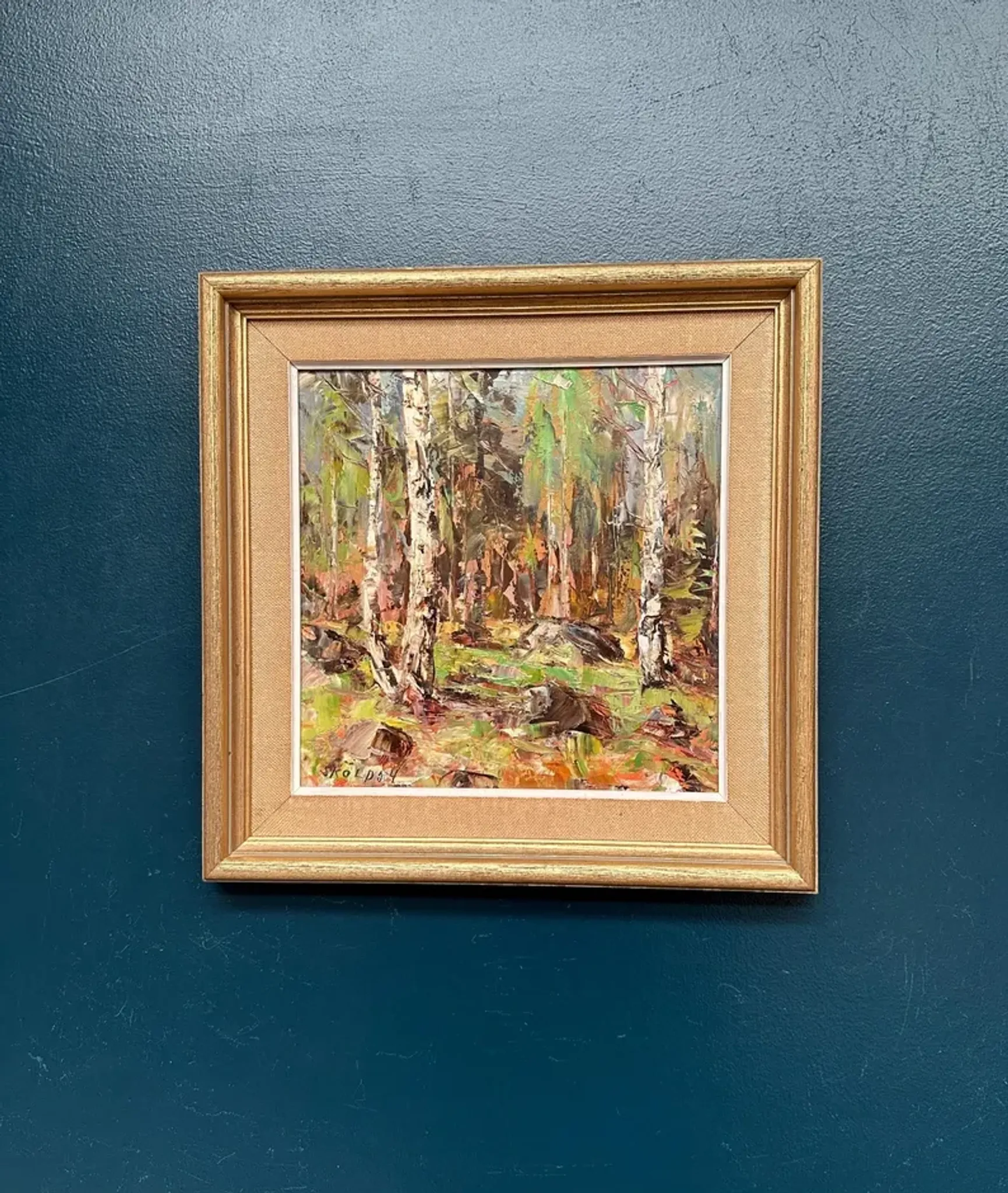 Original Swedish Oil on Canvas – “Birch Forest” by John Sköld – Signed – Dated 1954 – Framed – 40 × 40 cm