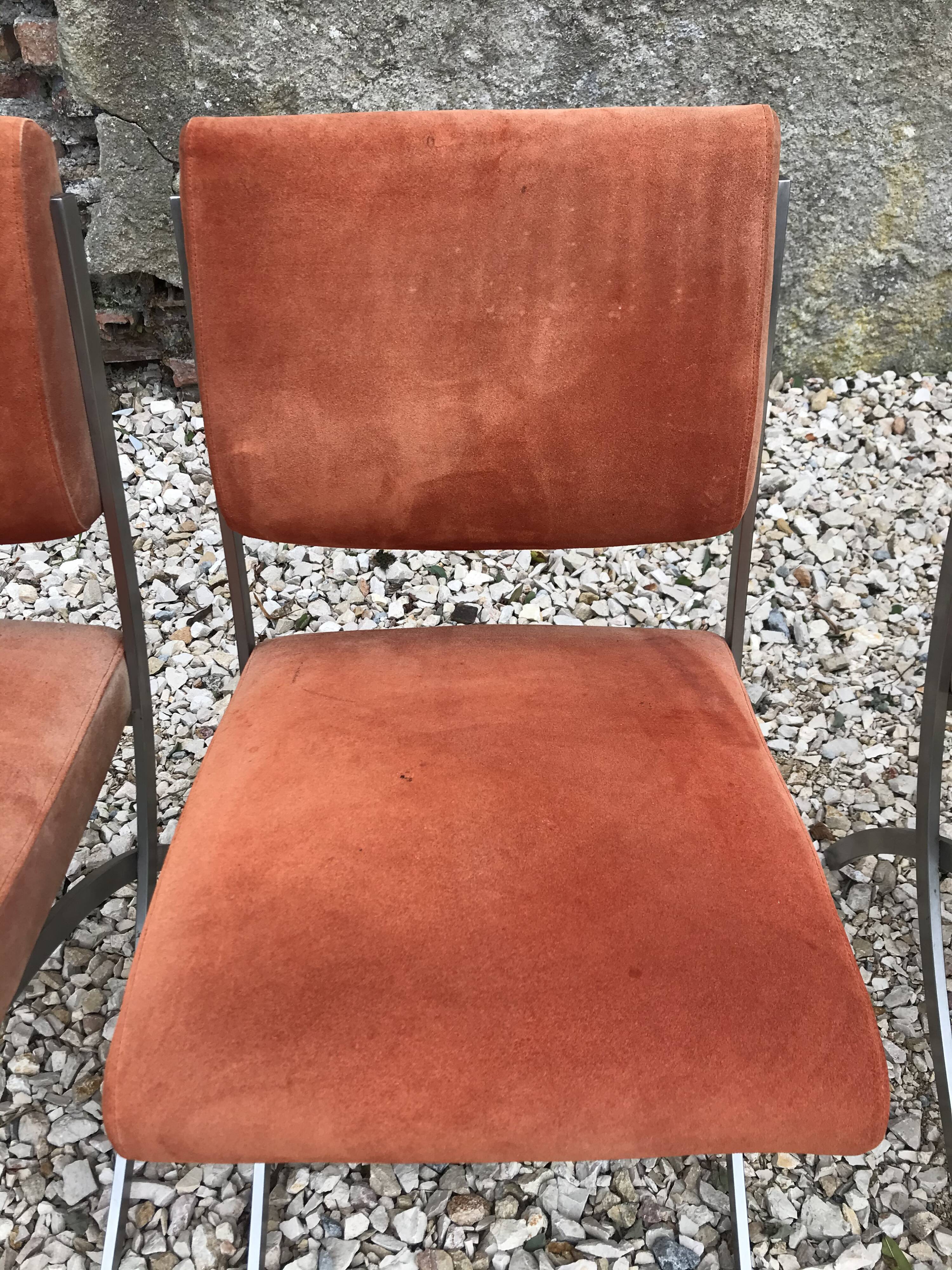 Suite of 4 vintage orange chairs 1970 steel and suede