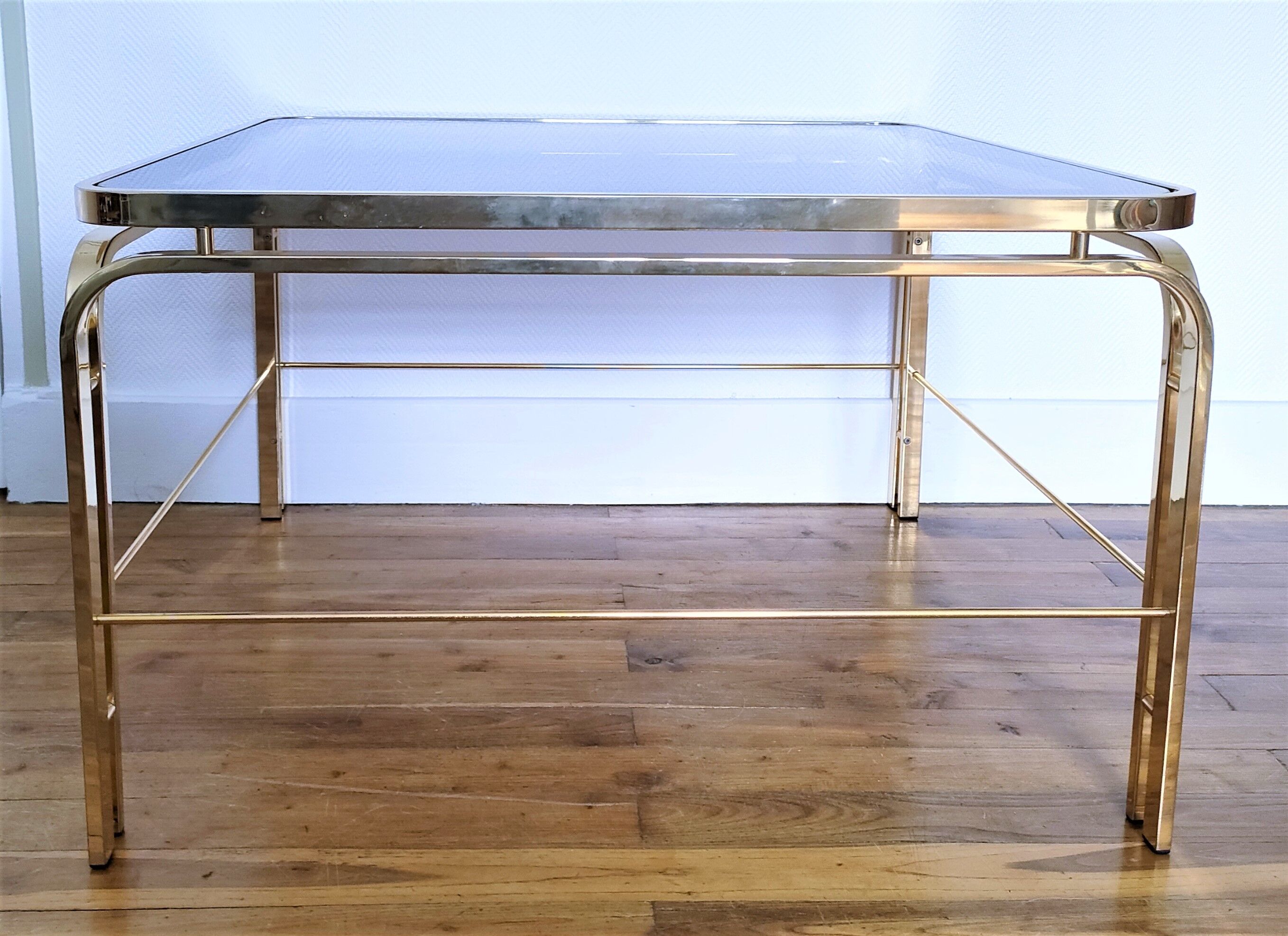 Coffee table glass smoked metal gilded Italian design 80s stamped