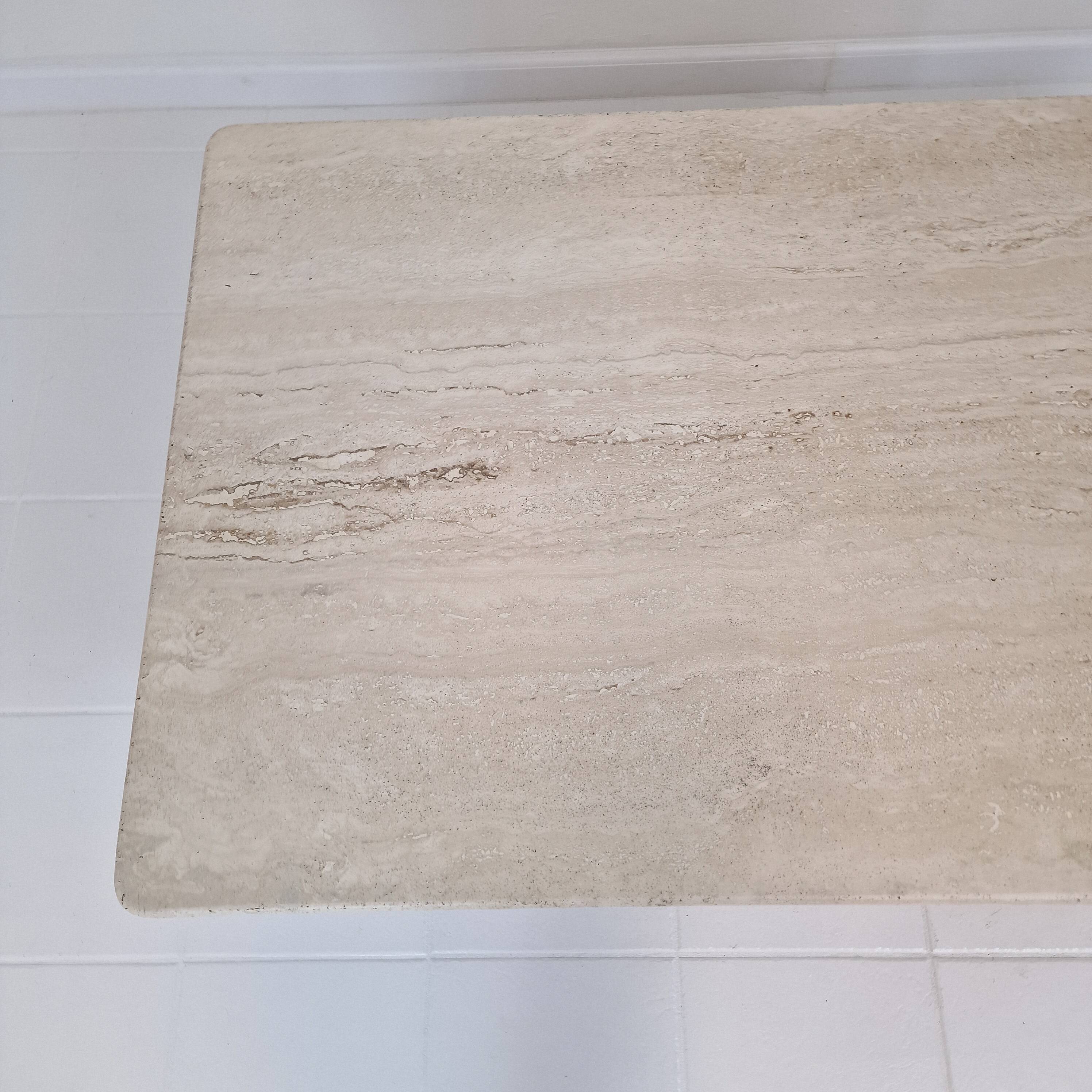 Robust Italian Travertine Coffee Table With two 3-leg Feet, 1980s