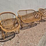 Rattan lounge two armchairs and a vintage bench 1950s