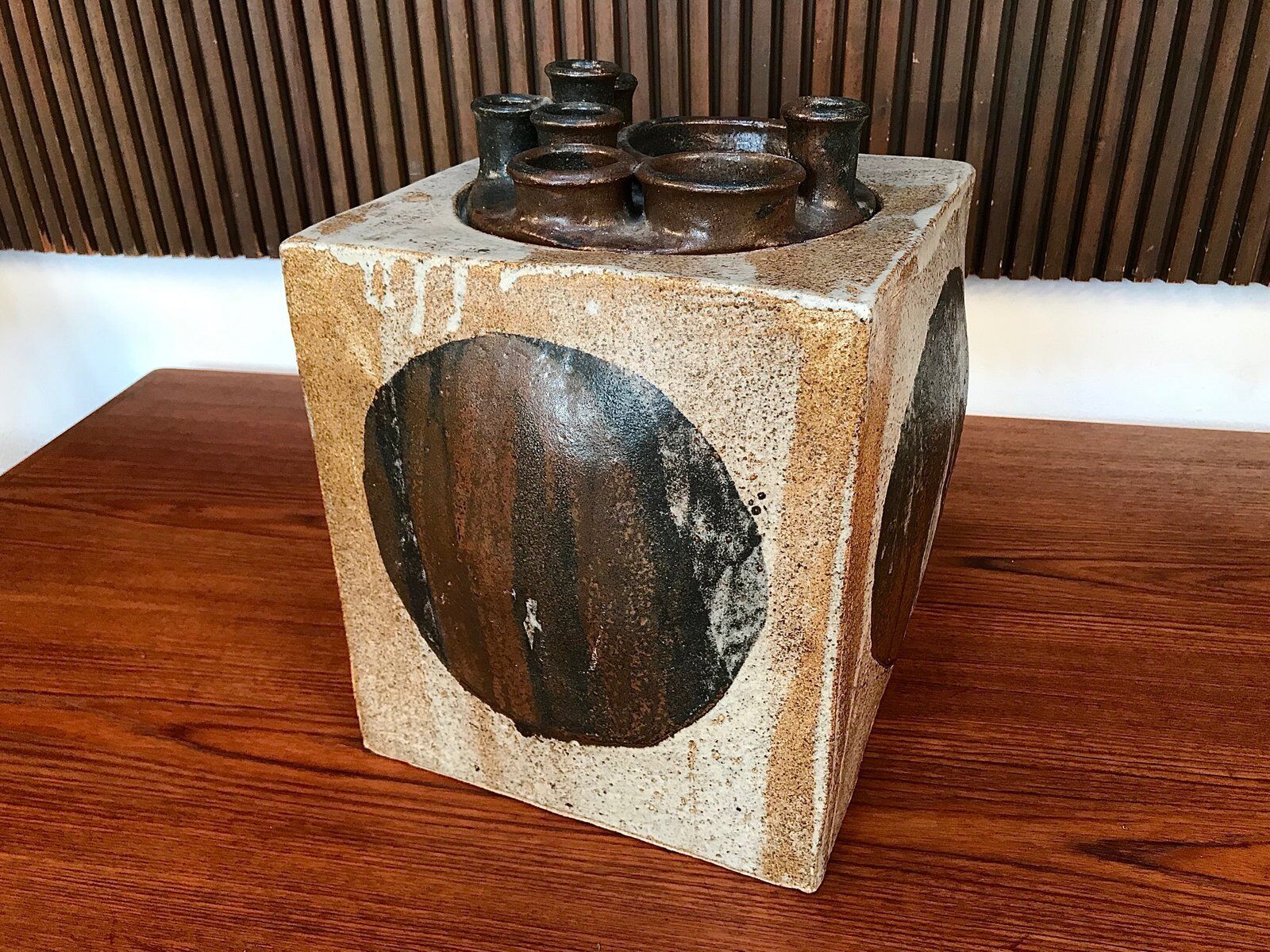 Brutalist ceramic art cube vase by Annette Merkenthaler, Germany 1960s
