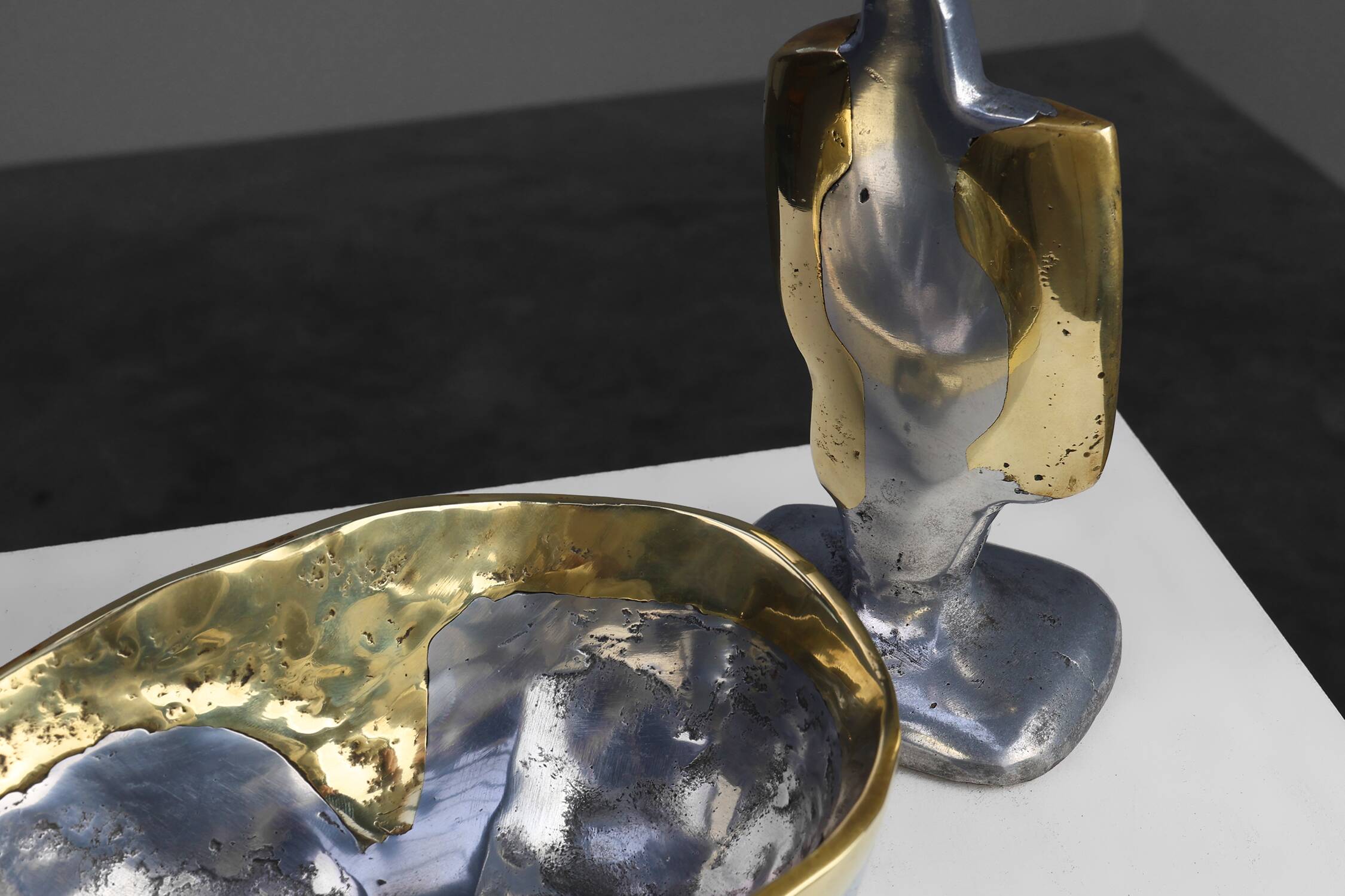 Candleholder and Bowl by David Marshall in Aluminum and Brass, UK 1970s
