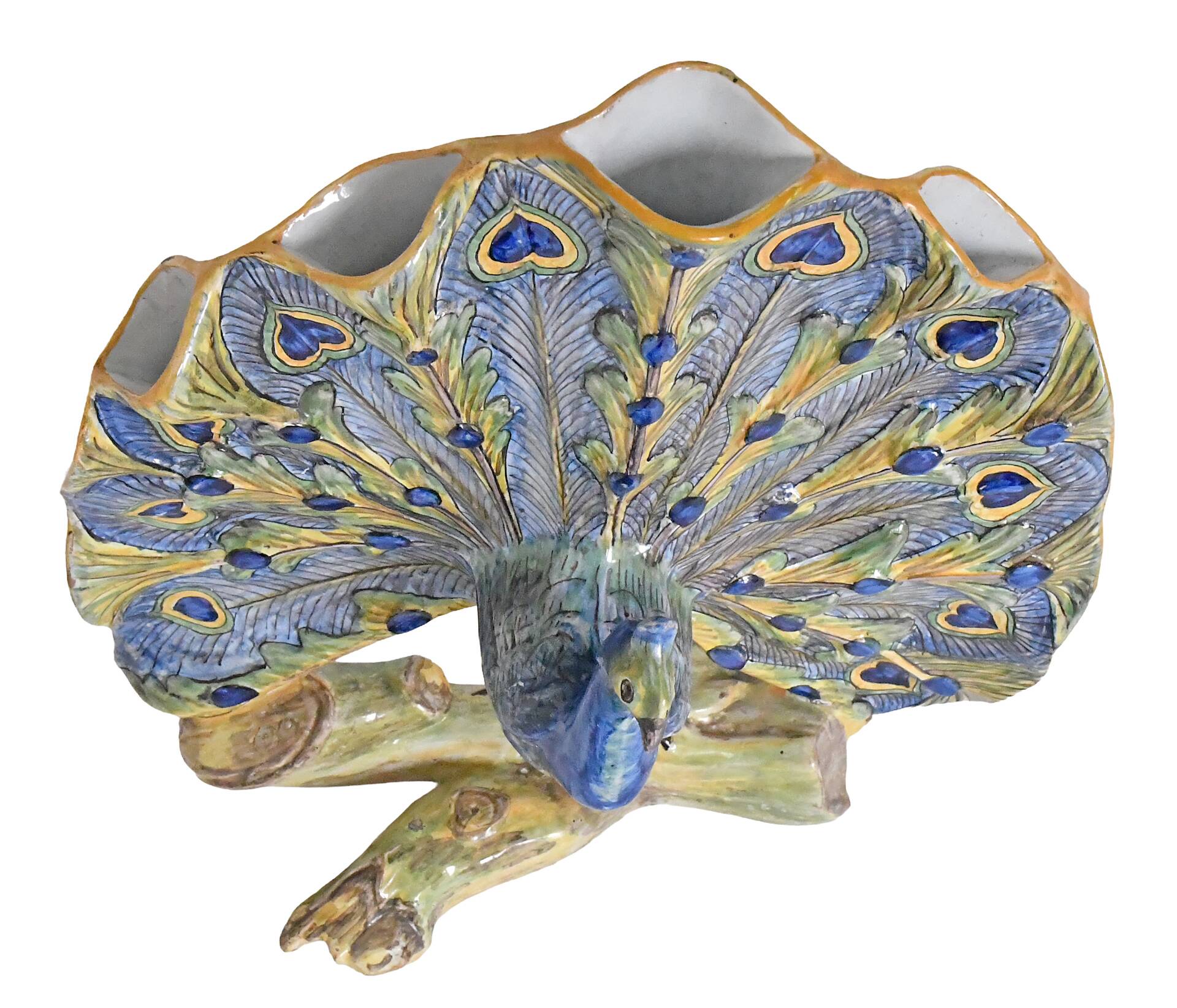 Faience bouquet holder from Desvres in the shape of a peacock.