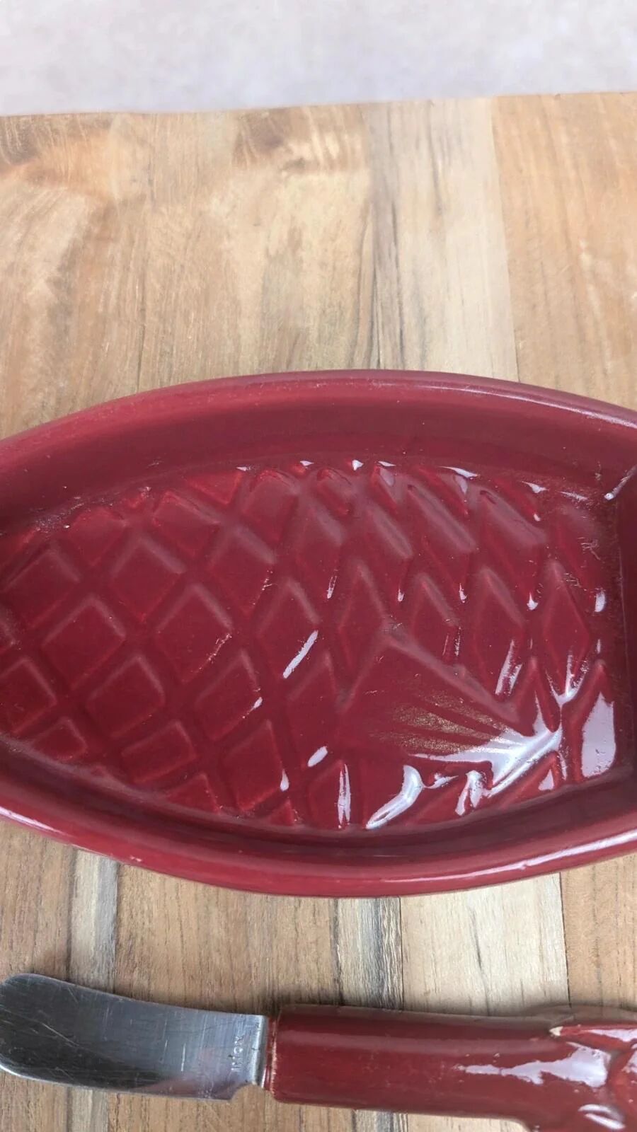 Vintage red ceramic butter dish + matching knife