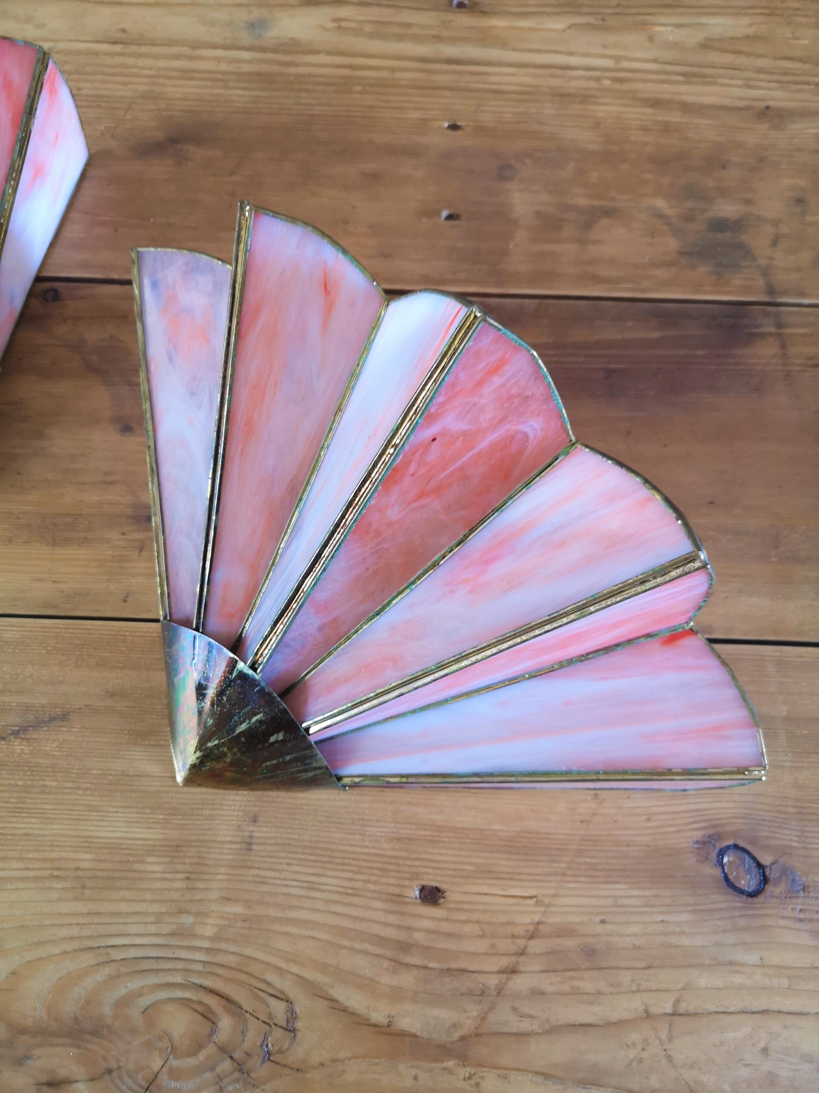 Pair of art deco fan wall light in brass and glass paste