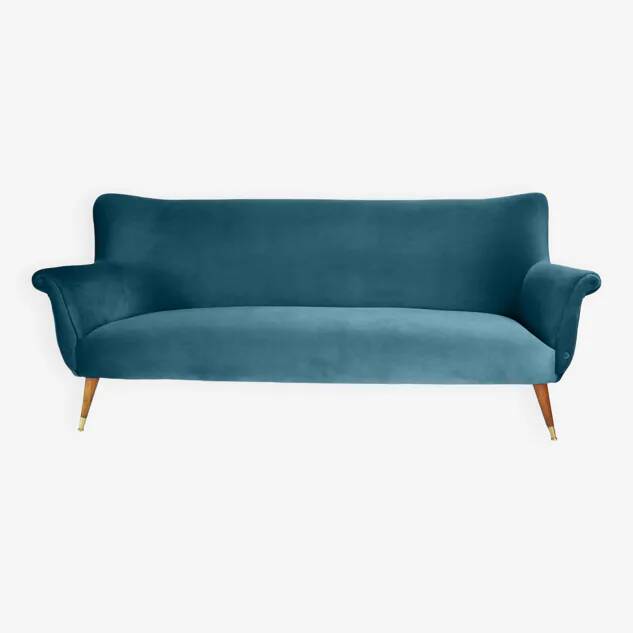 Three-seater sofa in German velvet, 1960s, ocean blue, restored.