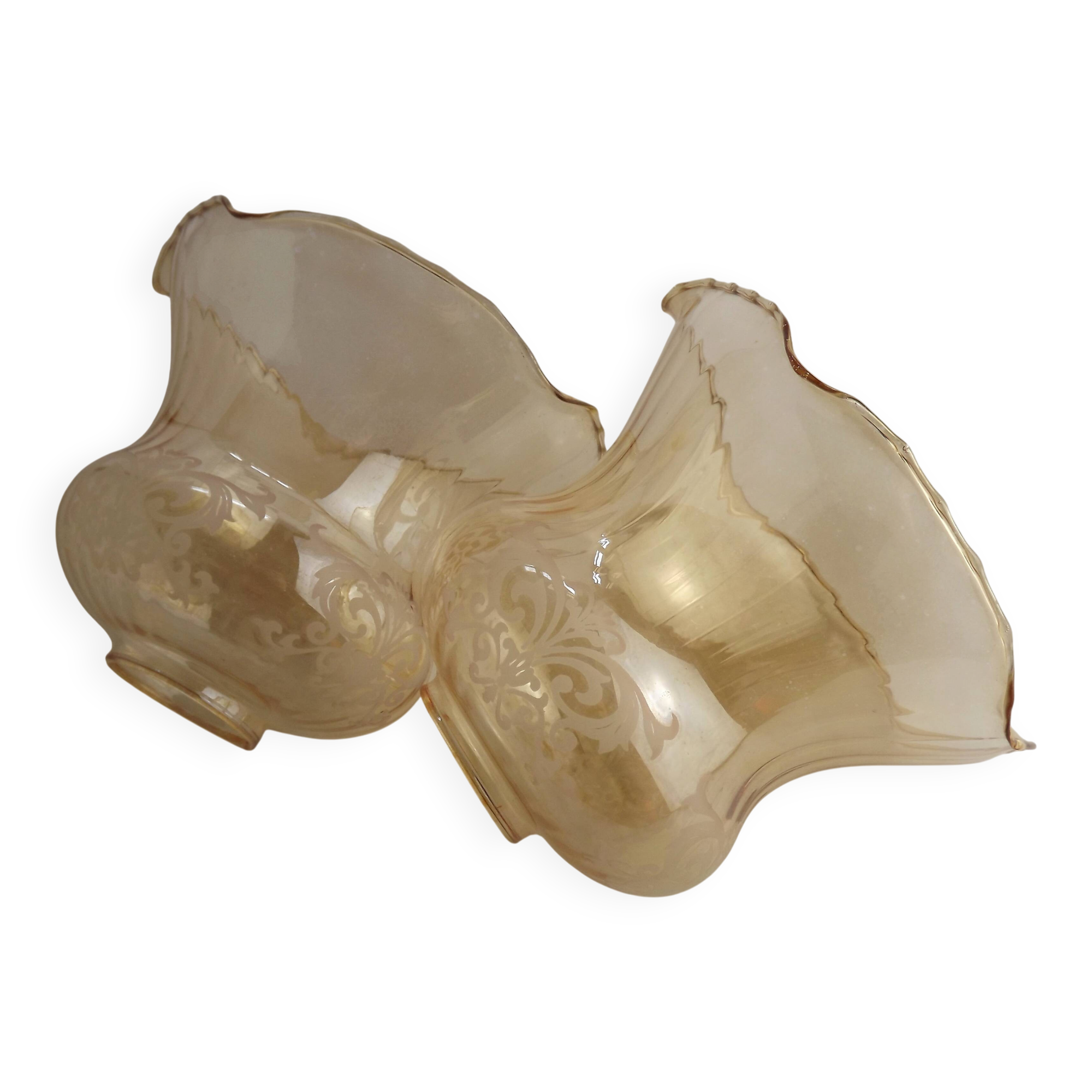 Set of 2 Vintage Glass Bell Shades in Smoked Amber Glass with Scroll Motif 5597