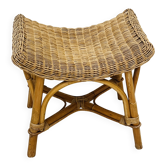 Vintage curved stool in rattan and bamboo