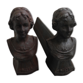 Paire chenets anciens fonte "roses de mai" cheminée antique andirons