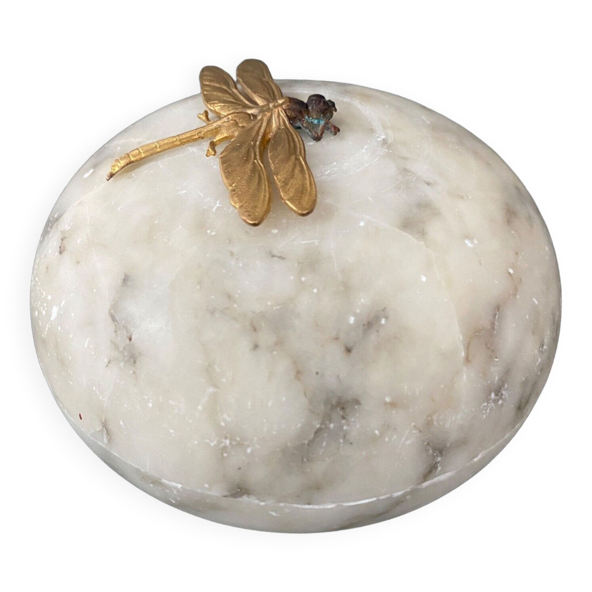 1900 alabaster ball shaped box surmounted by a golden dragonfly