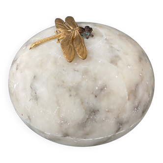 1900 alabaster ball shaped box surmounted by a golden dragonfly