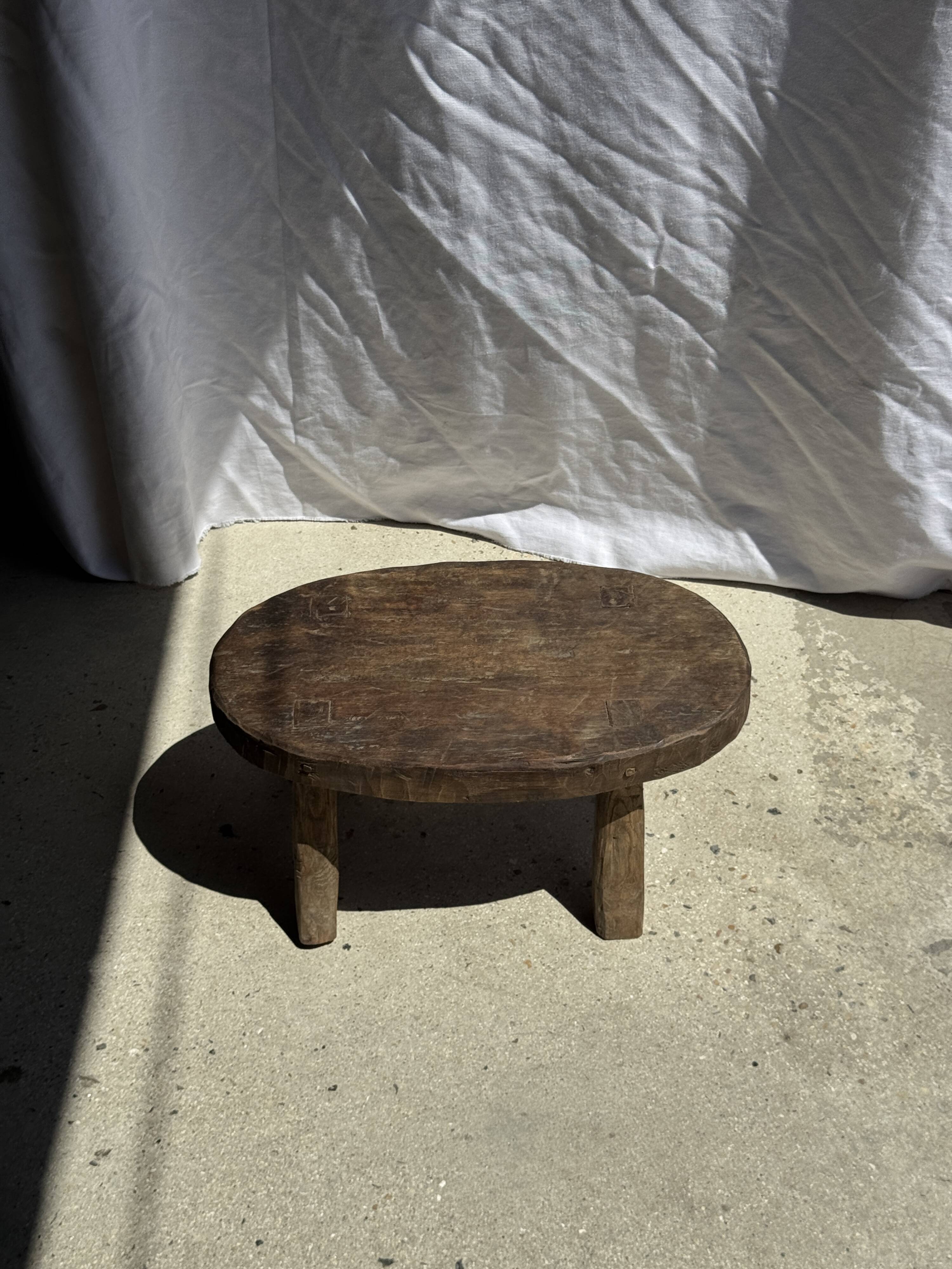 Small stool or small oval side table in solid teak wabi-sabi H24 53